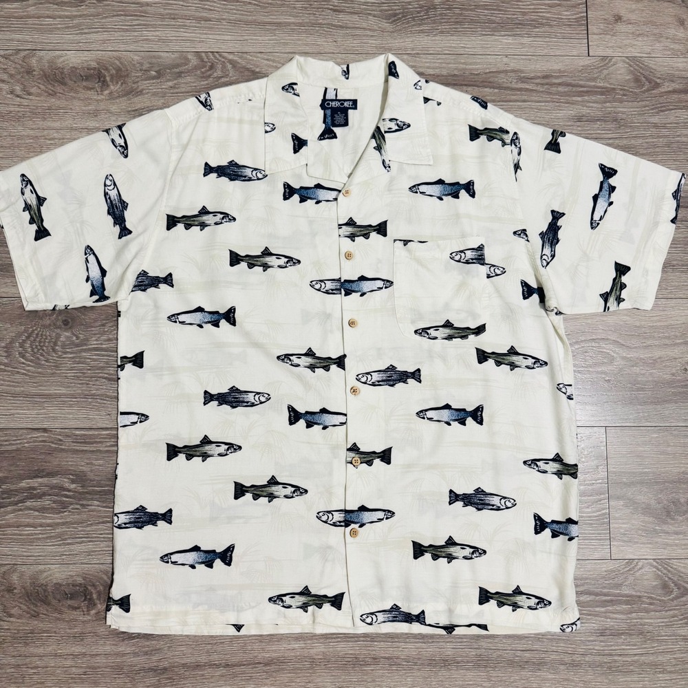 Cherokee‎ Mens XL Rayon Fish Print Shirt Short Sleeve Button Down Trout Cream